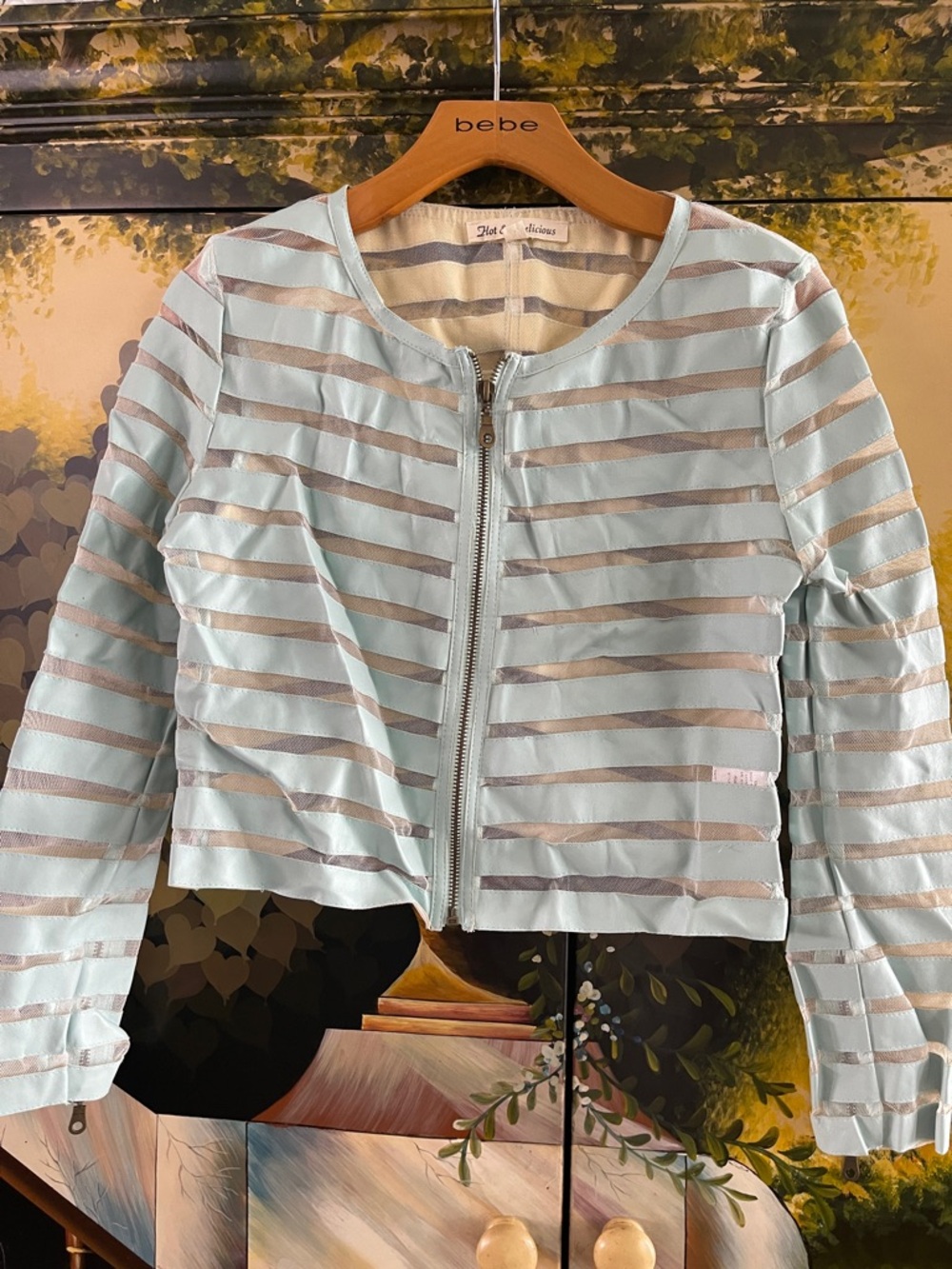 Hot & Delicious Cream and Light Blue Sheer Striped crop jacket